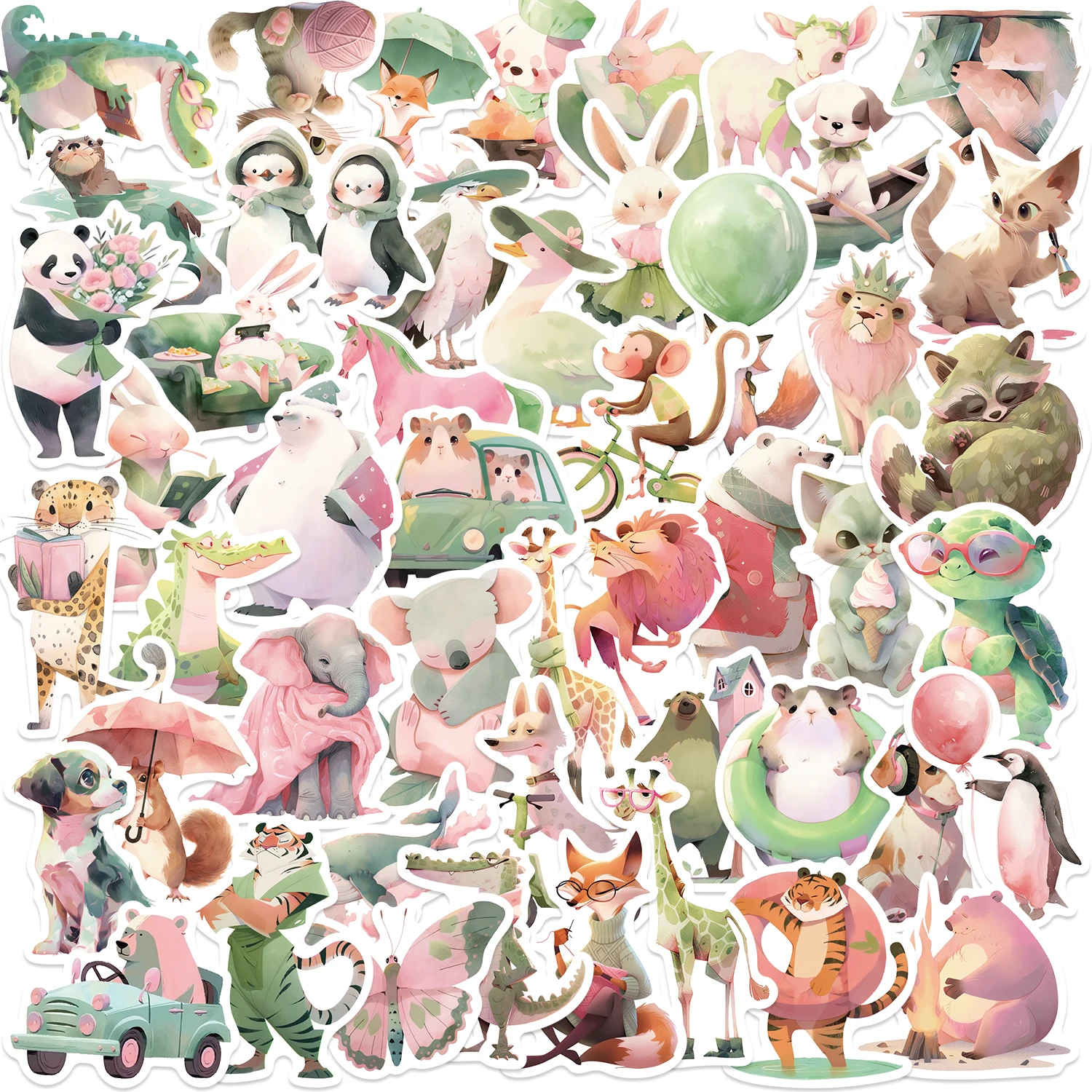 50Pcs Cute Pink Green Animals Stickers Cartoon Watercolor Animal Decals DIY Phone Laptop Luggage Skateboard Sticker Fun for Kids