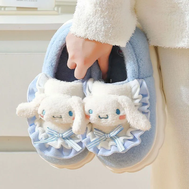 Plush Slipper My Melody Kuromi Cinnamoroll Pom Pom Purin Cute Cartoon Cotton-Padded Shoes Winter Warm Comfortable Slippers Gift