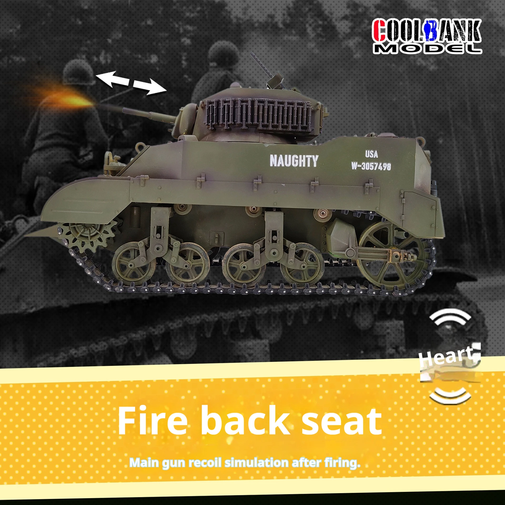 Kubinker M5A1 simulación a escala completa tanque eléctrico controlado a distancia juguete de modelo de vehículo marino multifuncional