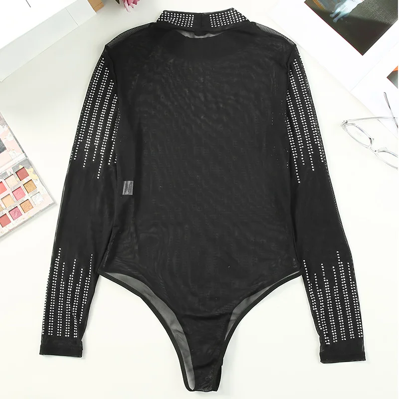 CyiExi Women Black Rhinestone Long Sleeve Bodysuit Sexy Sheer Mesh Bodycon Bodysuits Female Night Club Wear Skinny Body Tops XL