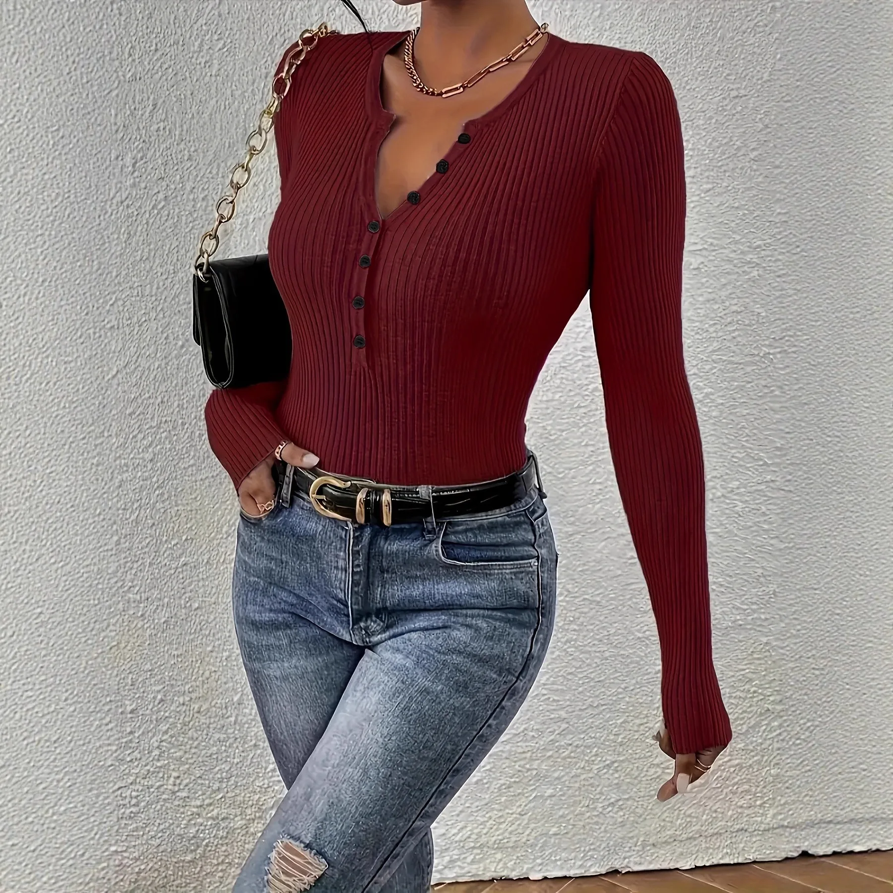 Pullover Long Sleeve Top Slim Fit Minimalist with Button Collar High Temperature Setting Standard Length Women Long Sleeve Top