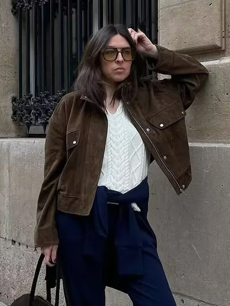 HH Woman Fashion Long Sleeves Zipper High Neck Pockets Decorative Coats Women's Autumn Elegant Suede Textured Street Jacket