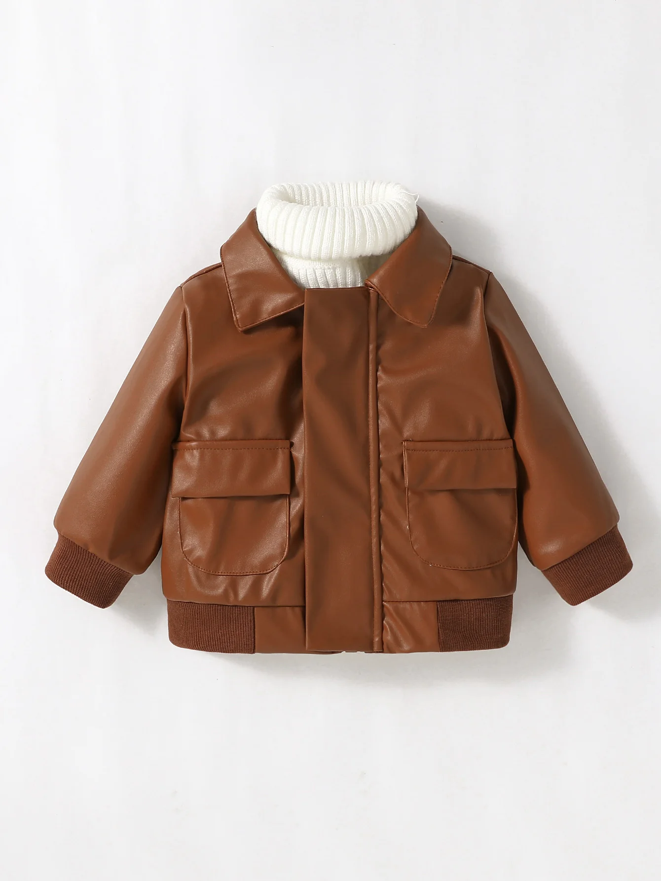 Baby Boys 2024 New Fashion Fall/Winter Long Sleeve Brown Leather Jacket With Pocket Streetwear Outdoor For 3M-3Y