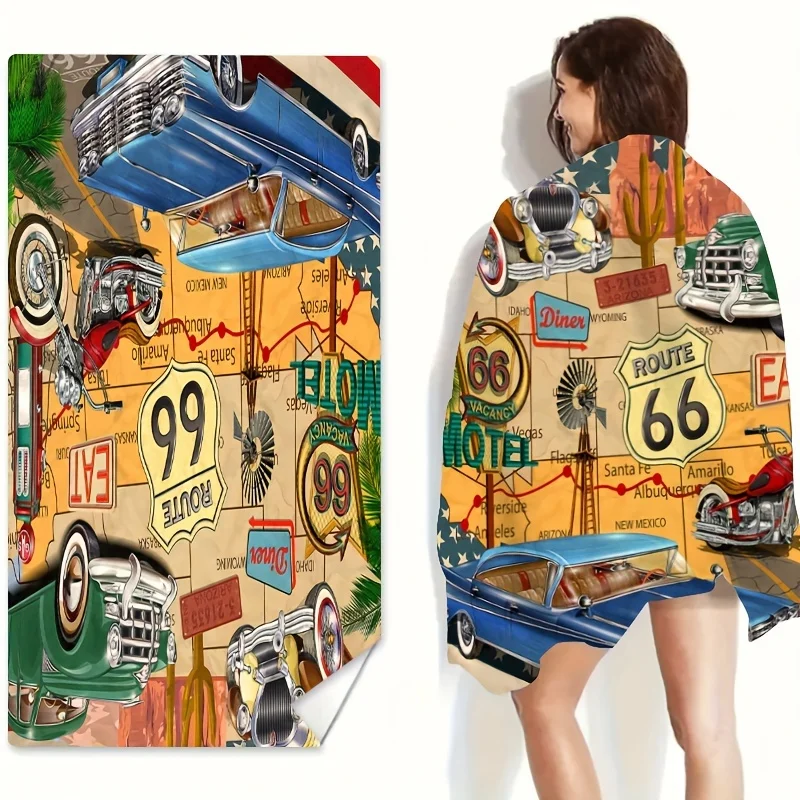 Retro Sign Classic Car Pattern Beach Towel, Large Soft for Vacation Swimming Beach Lovers