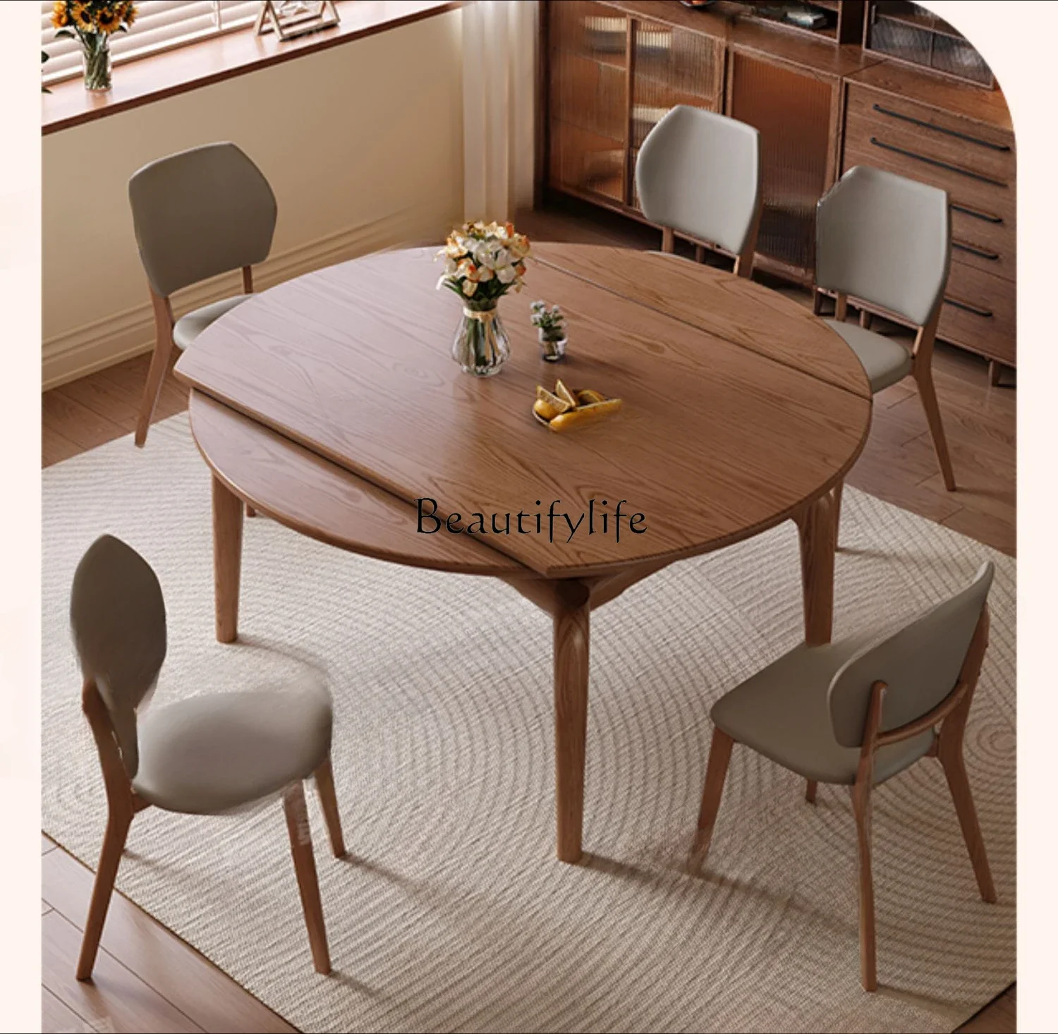 Ash wood retractable dining table square and round dual-purpose folding walnut medium-ancient solid wood