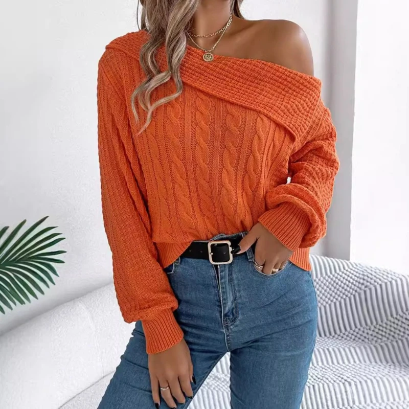 

Autumn Winter Casual Elegant Slash Neck Off shoulder Long Sleeved Knitted Tops Pullover Sweater for Women 2025