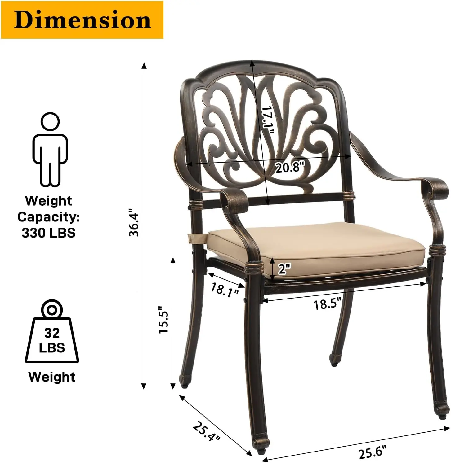 Eetkamerstoelen voor buiten, set van 4, met kussen, aluminium terrasstoelen, gegoten aluminium terrasmeubilair aluminium buitenstoelen
