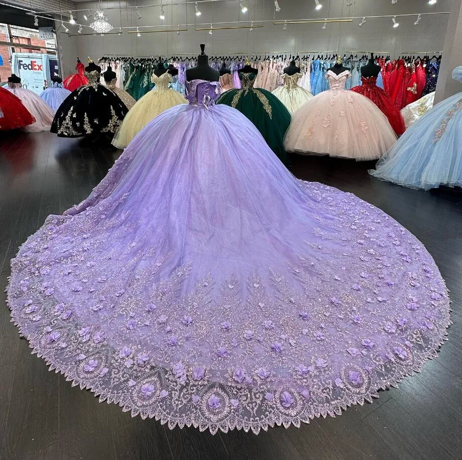 Lilac Purple Chapel Train Quinceanera Dresses 3D Floral Crystal Off Shoudler vestidos de 15 quinceañera 2024 Corset Lace Up