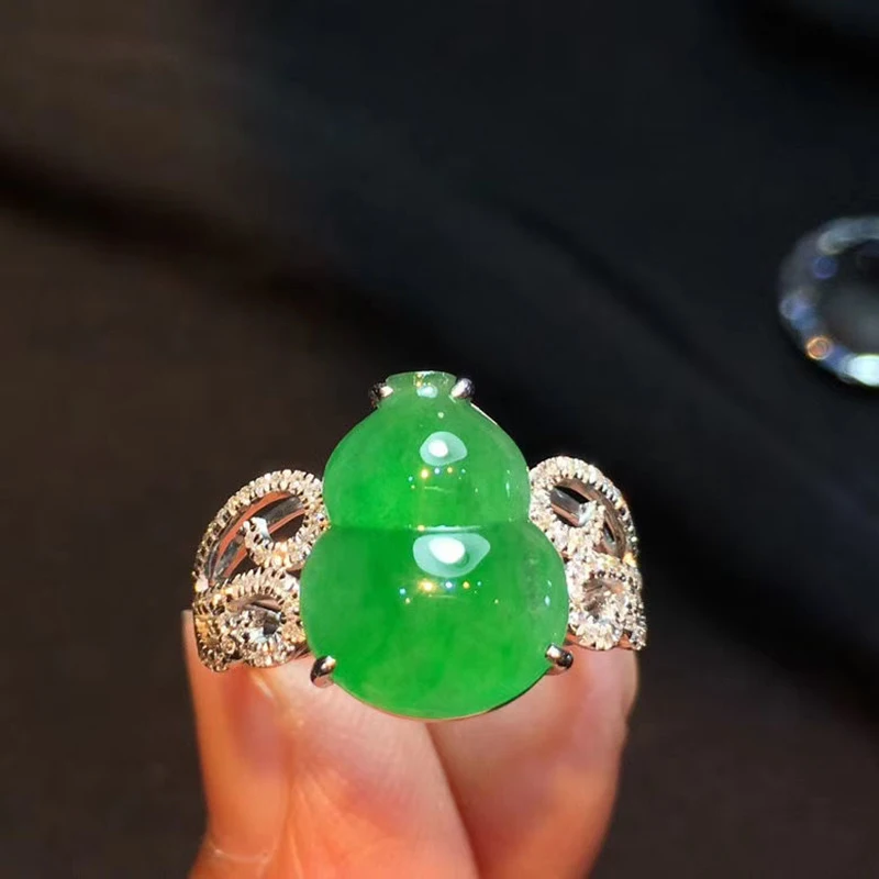 Original design natural hetian chrysoprase diamond gourd wide version rings for women charm chinese style jewelry