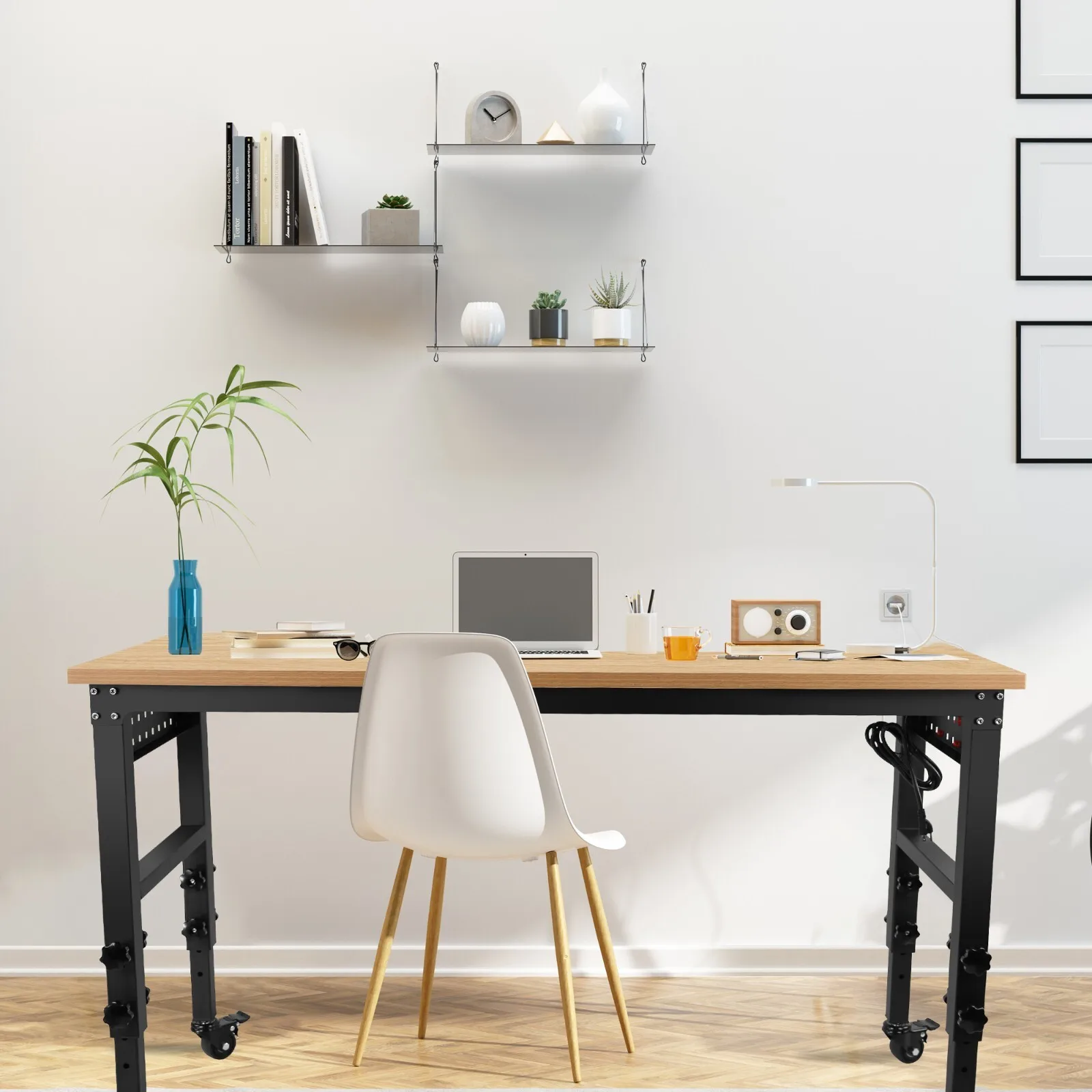 Bancada de Trabalho Ajustável de 60 Polegadas com Topo de Madeira de Borracha