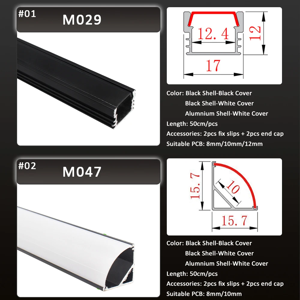 LED Strip Running Wave Light Aluminium Profile 50cm 8mm 10mm 12mm Ceiling Black Silver Tube Channel for Cabinet Linear Tape Lamp