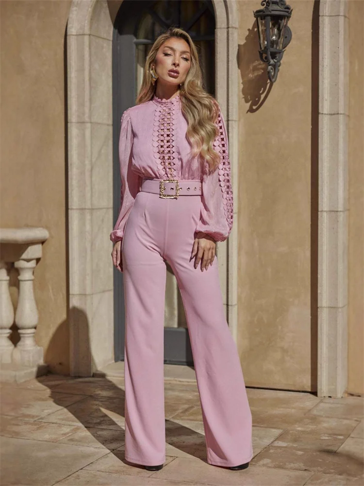 

Wmstar Jumpsuit Women Wholesale Elegant and Distinctive Lace Patchwork Lace Up Hollow Out Wide Leg Romper Office Lady with Belt