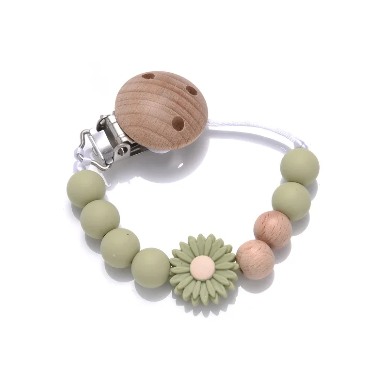 

Baby Beech Wood Pacifier Silicone Flower Beaded Nipple Clips For Soother Pacifier Holder Chain Nursing Toy Shower Gift