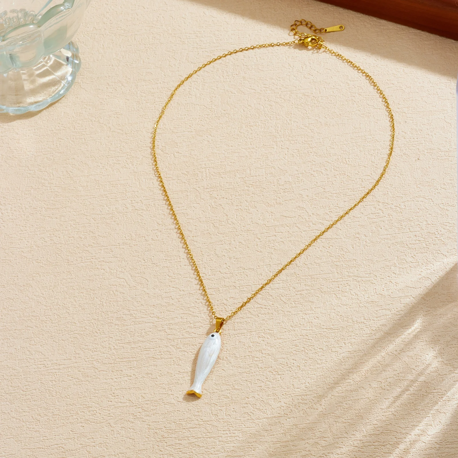 LAMENGLY 316L Stainless Steel Mother of Pearl Fish Pendant Gold Necklace|Cute Marine Life Jewelry&Perfect Summer Gift for Women