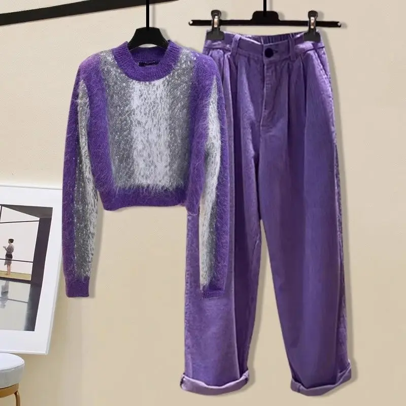 Korean Style Autumn Purple Knitted Sweater Pullover Casual Harun Pants Two Piece Elegant Women\'s Pants Set Street Set