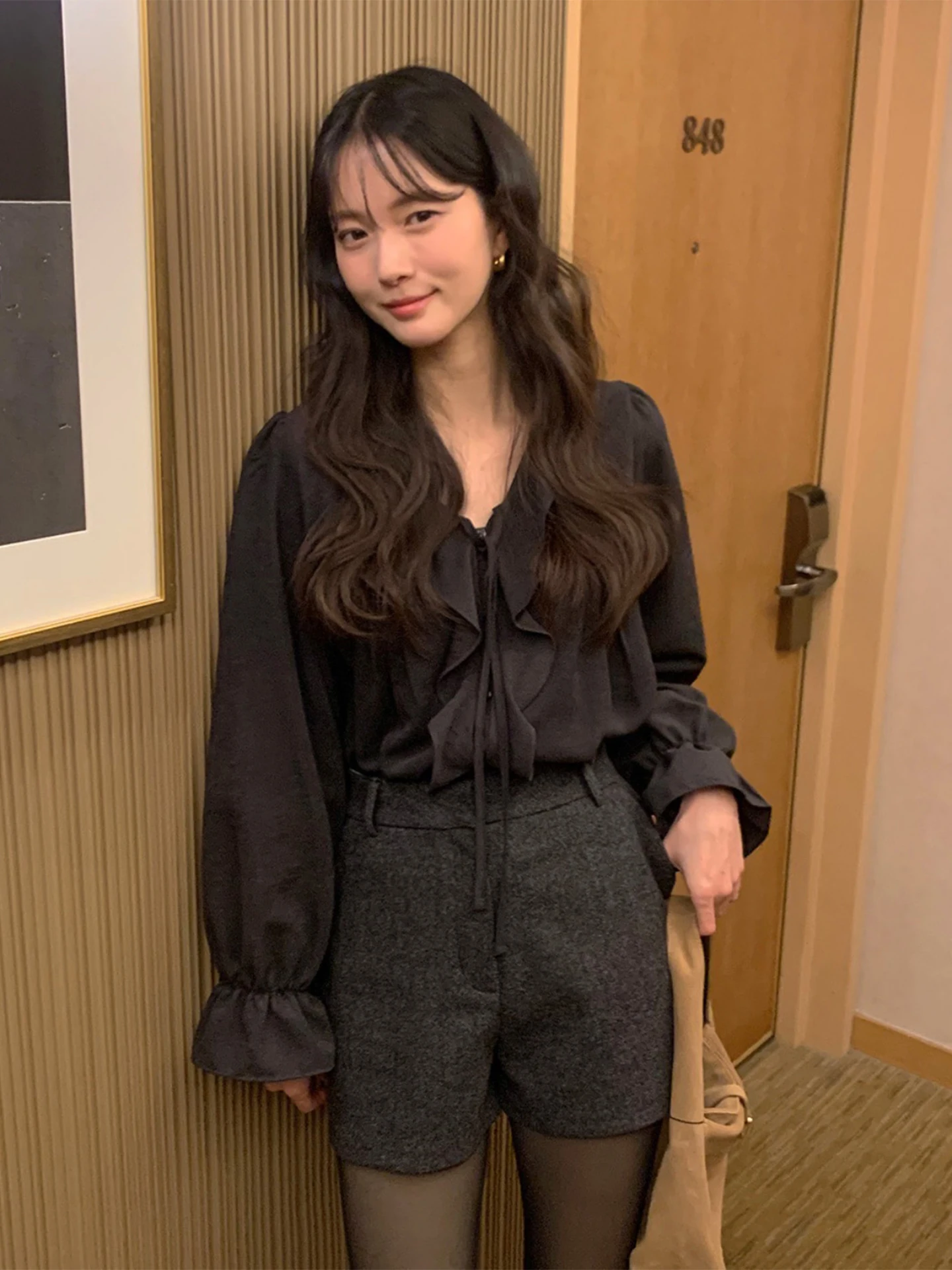 Doux jeune ourlet à volants v-ne cloche Sve irt femmes début du printemps plissé ample polyvalent Sa haut coréen Sle trajet