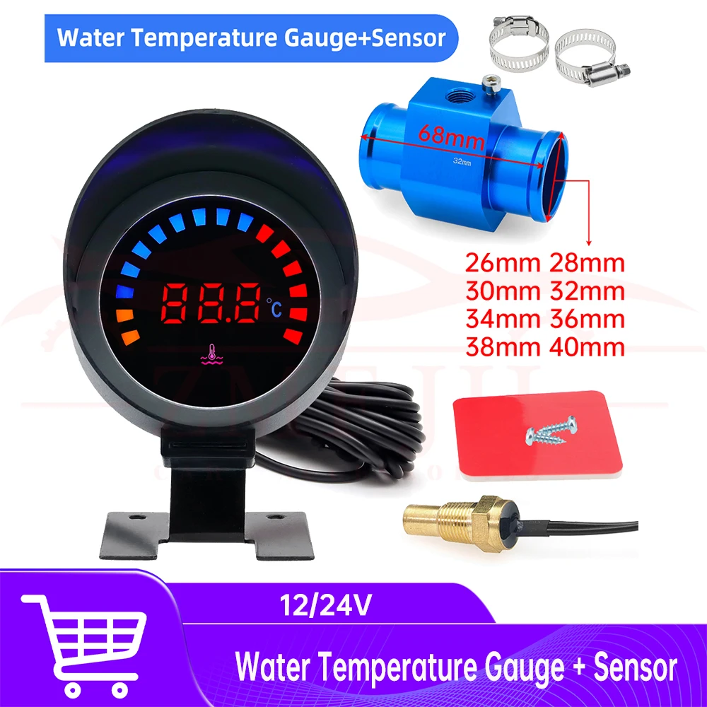 12/24V Car Water Temperature Meter 1/8NPT 10mm Car Temperature Sensor 26~34MM Adapter With LED Light Sensors For Cars Racing