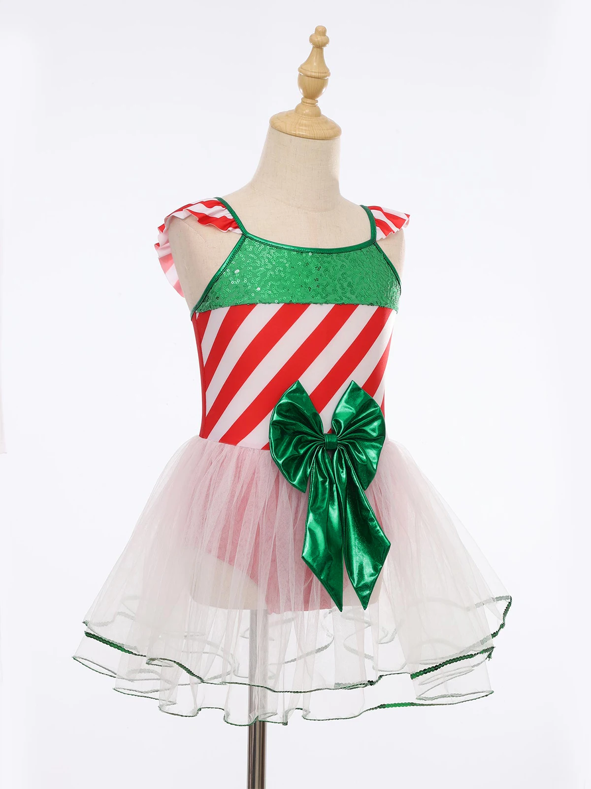 أطفال بنات الترتر عيد الميلاد ملابس رقص قصب الحلوى مخطط Bowknot شبكة الباليه توتو فستان + بأكمام طويلة سانتا التزلج ثياب #5