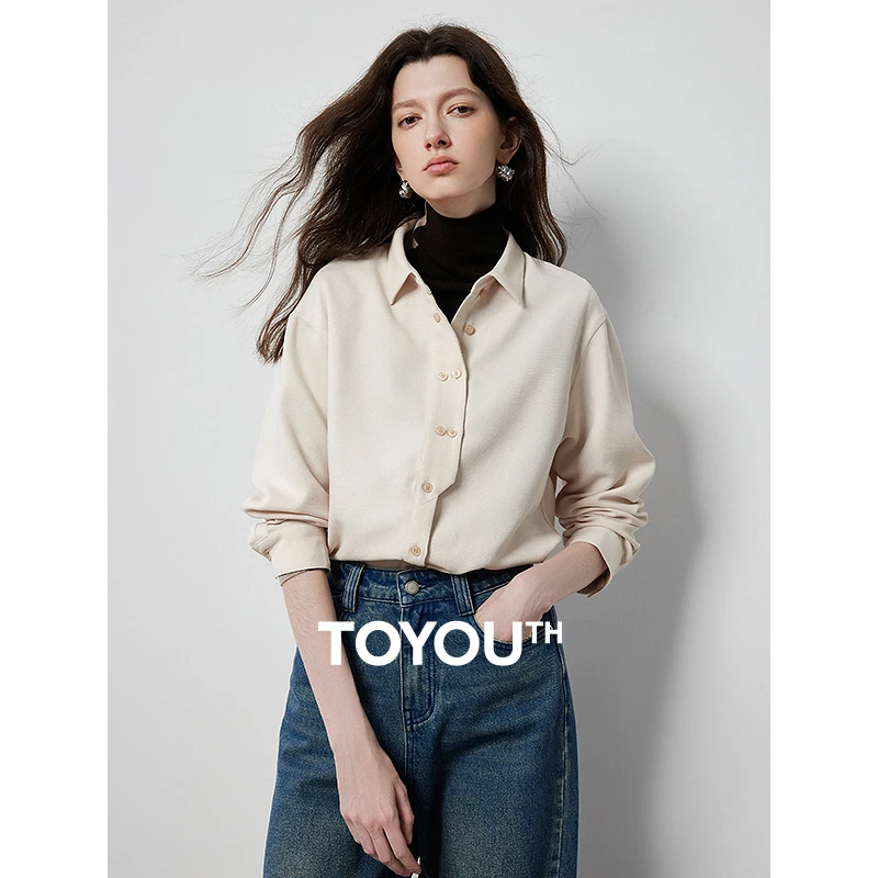 

TOYOUTH Women Shirt 2024 Autumn Long Sleeve Polo Neck Loose Blouse Asymmetric Placket Fashion Commuting Coffee Warm Tops