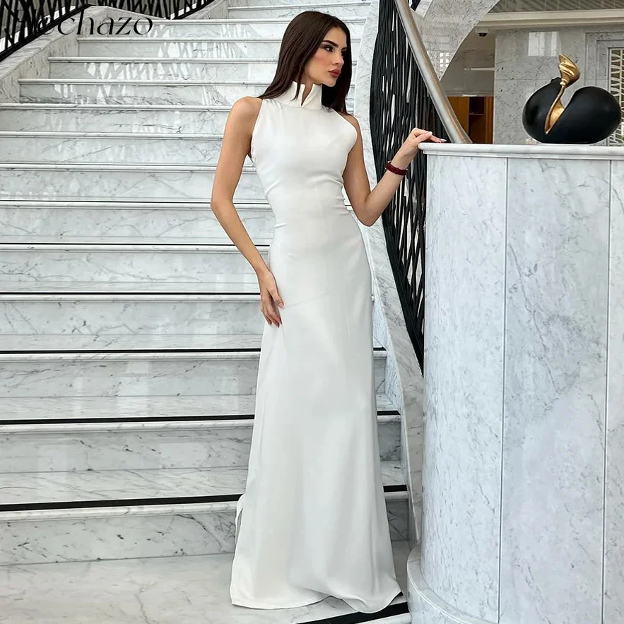 

Flechazo White Evening Dresses High Neck Sleevless Floor-Length Sheath Simple Elegant Prom Dress For Women 2024 robes de soirée