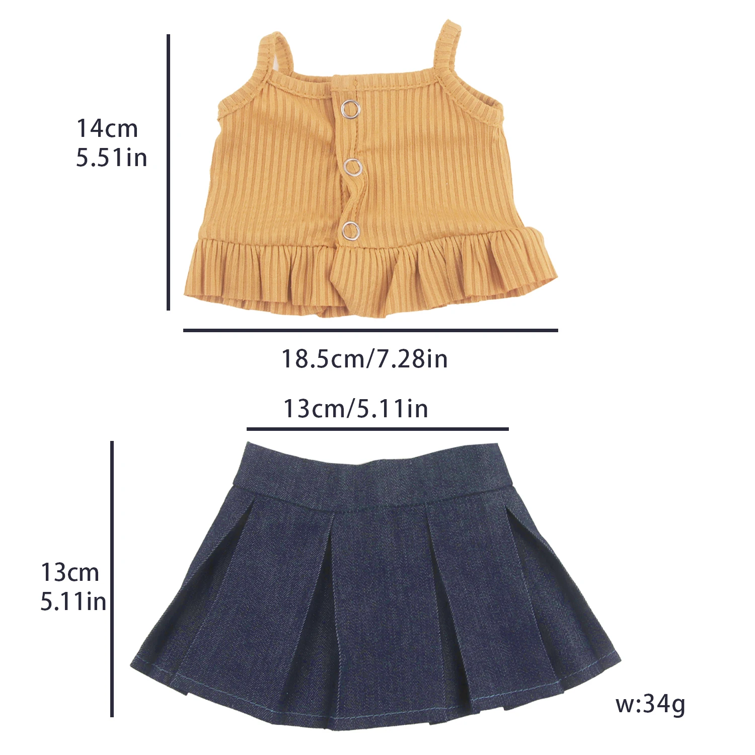 Doll Clothes Set Ribbed Cami Top Denim Pleated Skirt + Heart Shoes Outfit Fit 18 Inch American & OG Girl Dolls Toy Accessories