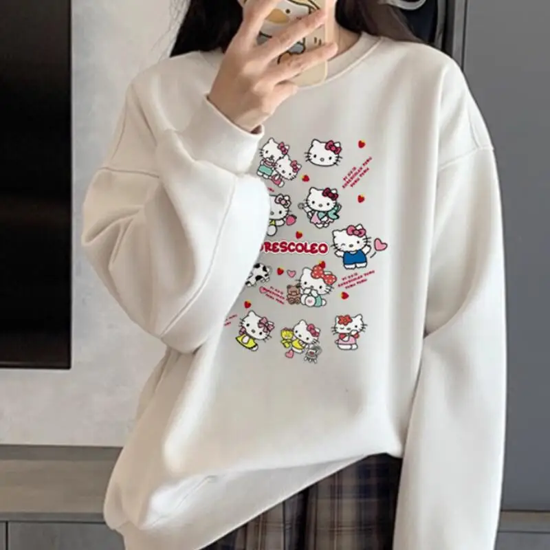 Kawaii مرحبا كيتي الطازجة لطيف النمط الأمريكي الرجعية ربيع الخريف كلية كل مباراة إضافة المخملية هوديي طويلة الأكمام تي شيرت فتاة