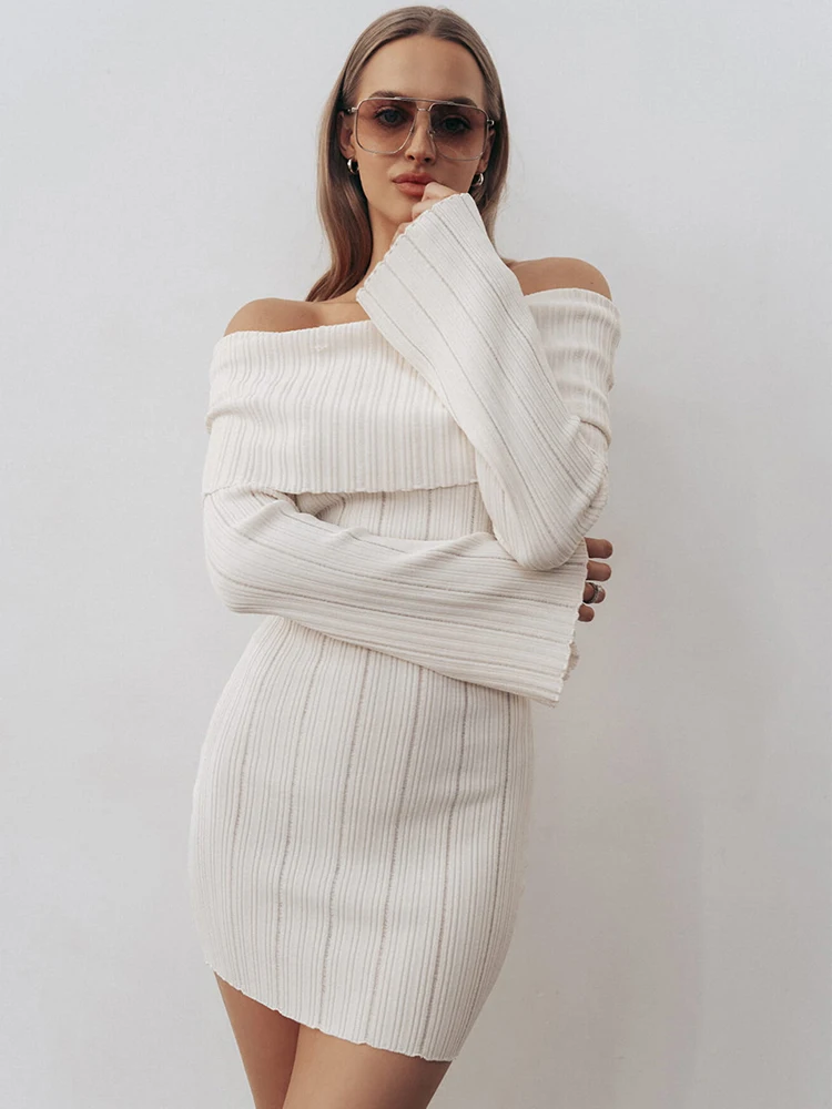 Fantoye Knitted Sexy Off Shoulder Women Dress White Backless Long Sleeve Dress Female Autumn Skinny Elegant Party Clubwear 2024