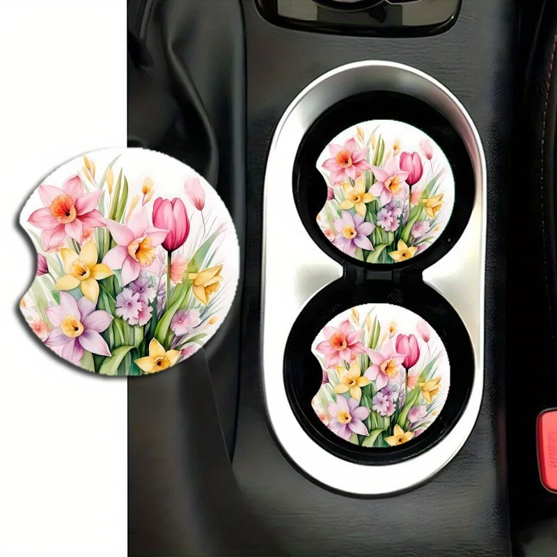 2pcs Valentine'S Day Floral Car Cup Holder - 7x7 Inch Acrylic, Heat-Resistant, Hand-Painted Tulip & Narcissus Design, Perfect Fo