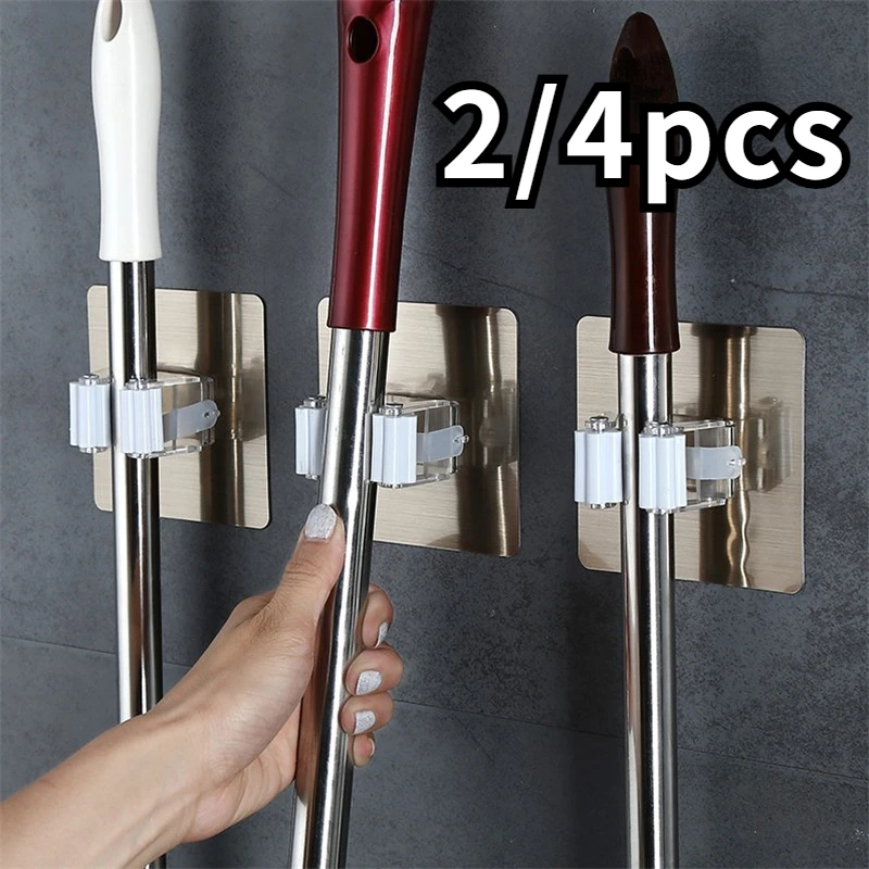 2/4pcs Multi-Purpose Hooks Mop Holder Wall Mounted Mop Organizer Broom Hanger Hook Bathroom Waterproof Self-Adhesive Wall Hook