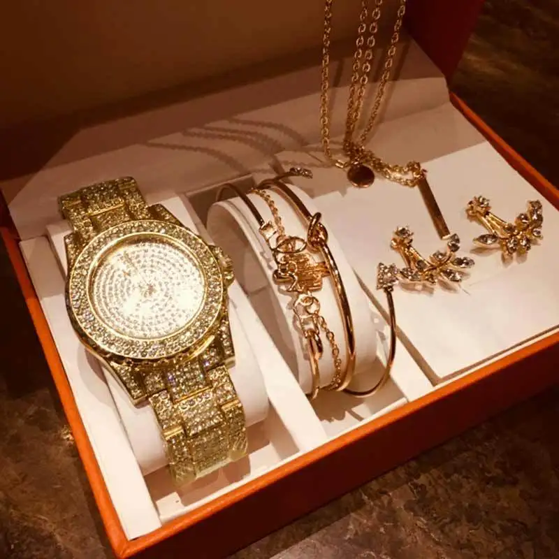 

Fashion Creative Womens Watches Set Gift Box Luxury Diamond Necklace Bracelets Earrings Quartz Watch Set for Women Drop Shipping