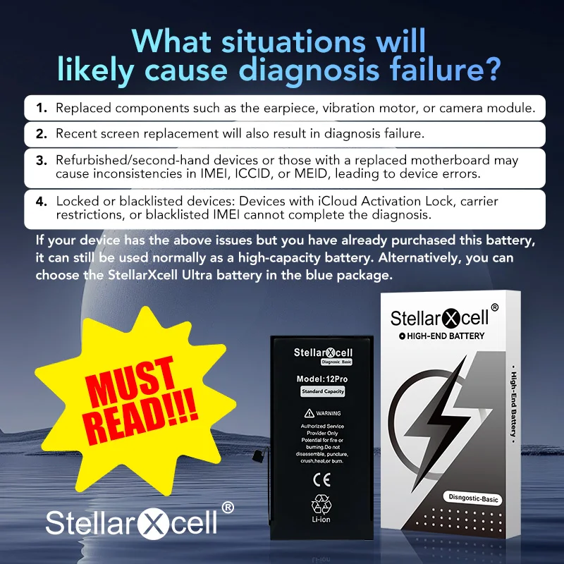 بطارية أساسية تشخيصية من StellarXcell لجهاز iP12 13 14 15 Mini Pro Plus Max متوافقة مع رسالة بدون خطأ أداة صحية مجانية 100%
