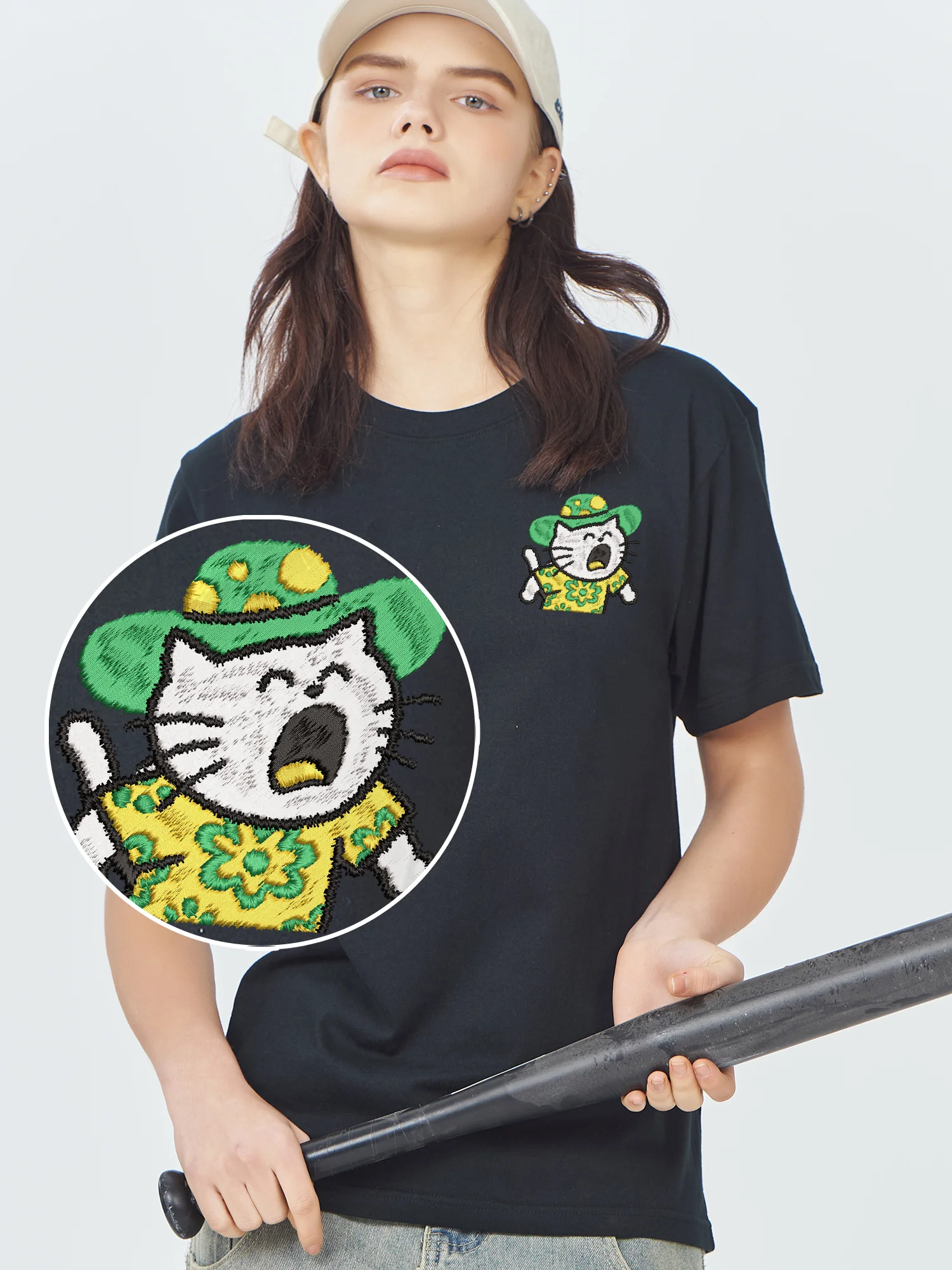 

Новые футболки с вышивкой, роскошная футболка с милым котом, 100% хлопок, дышащие модные топы с вышивкой, унисекс, повседневный стиль