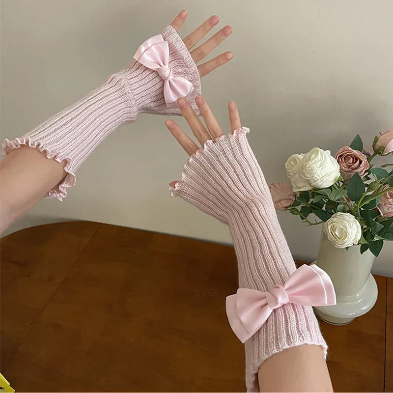 Women Knitted Bow Tie Fingerless Gloves Lolita Arm Sleeve Y2k Pink Girl Gothic Keep Wamrm Long Gloves Kawaii JK Accessories