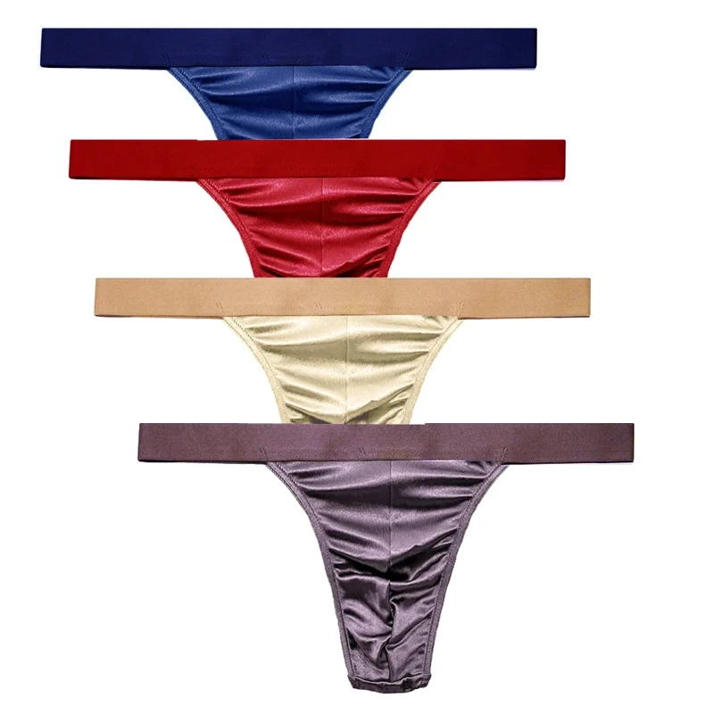 4Pcs/Bag Mens Panties Sexy Satin Silky Underwear Sissy Gay For Man Solid Color High QualityT-Back G-String  Many Styles