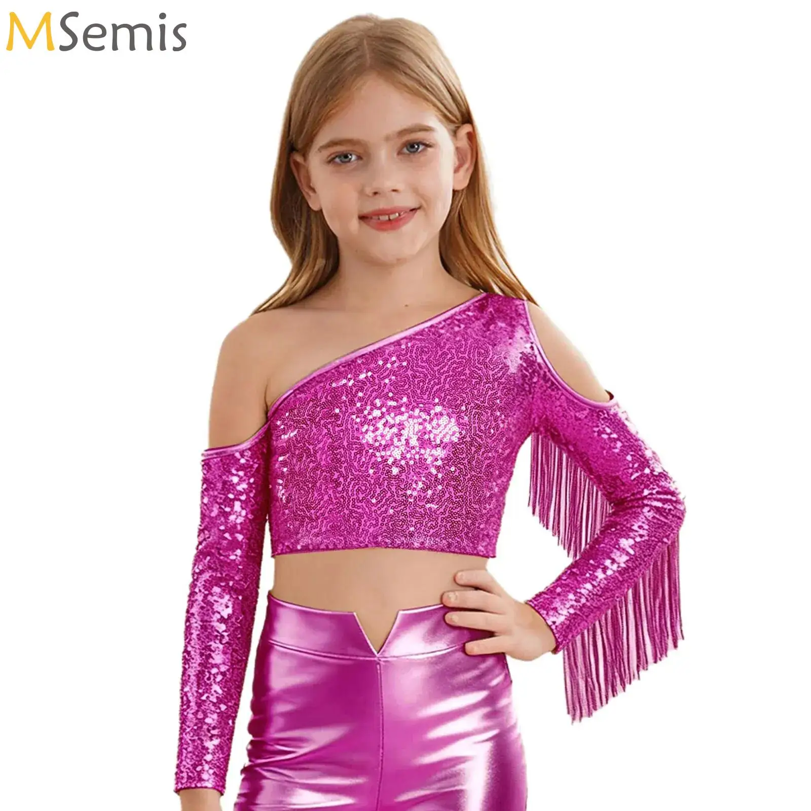 

Girls Shiny Sequins Crop Top Tassels Hip Hop Jazz Street Dance Performance Costume Halloween 70s Disco Dance Hippie Blouse