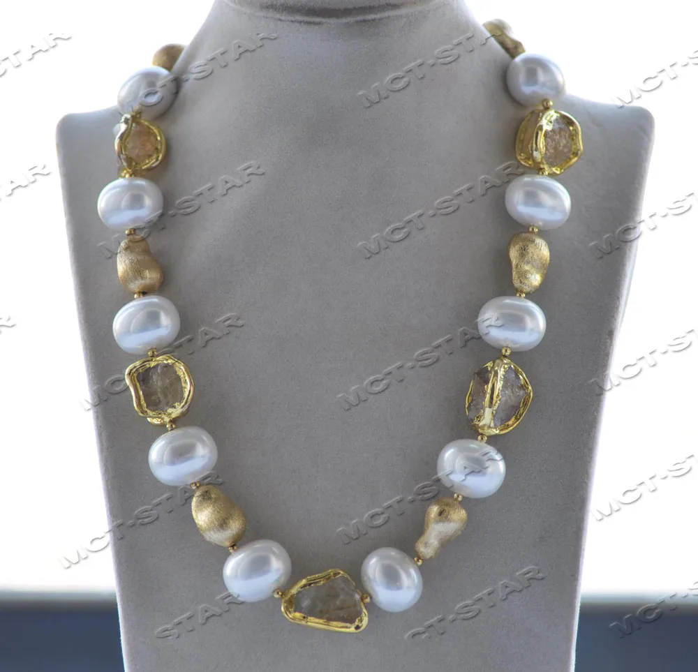 Z12458 22'' White Egg Shell Pearl Baroque Citrine Gold-Plated Peasecod Necklace