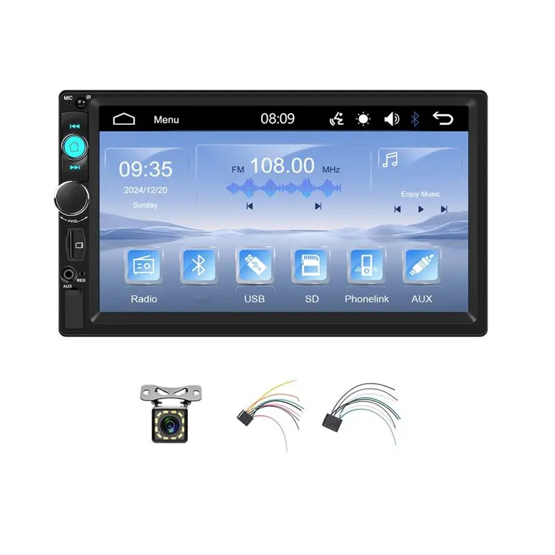 

7-Inch Double Din Car Audio Receiver; Features Wired Carplay, Mirror Link, And FM; MP5 Multimedia Player With Camera