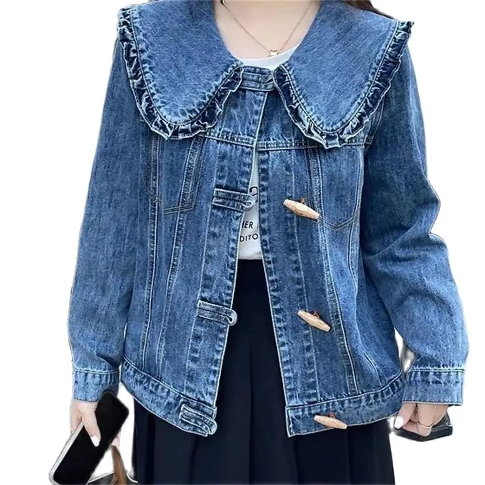 Vintage Crop Denim Jacket Women Sweet Korean Coat Peter Pan Collar Button Jeans Tops Female Casual Long Sleeves Loose Outwear