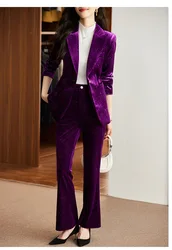 Tesco Women 2 Piece Suit Velvet Blazer And Wide Leg Pants Formal Business Suits For Office Lady Autumn Sets conjunto femininos