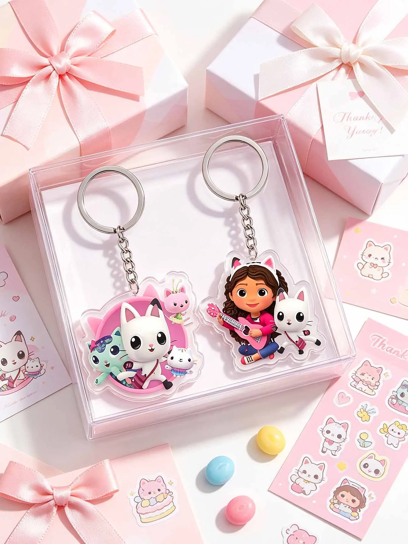 Cartoon Gabby's Dollhouse Acrylic Keychain - 2-Piece Set, High-Resolution Pattern, Christmas Decor, Gift Presentation Pendant