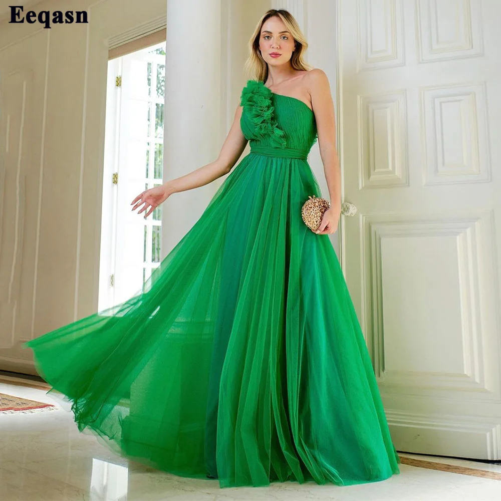 

Eeqasn A Line Green One Shoulder Evening Dresses Ruffles Tulle Women Prom Gowns Pleats Formal Event Special Occasion Dress 2022