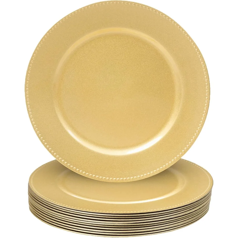 

MAONAME 13 Gold Charger Plates Set of 12, Round Charger for Dinner Plates, Plate Chargers with Beaded Rim, Plastic Table Charger