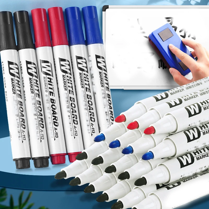 5pcs black erasable whiteboard pen, red blue easy to wipe large head pen, large capacity glass note pen, whiteboard marker pen