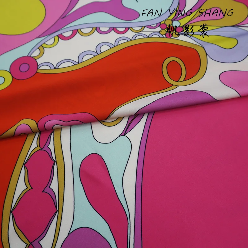 Pink Orange Dopamine Color Groovy Retro Abstract Floral Print Satin Fabric,Soft Luxury Cloth For Dress Blouse Garment DIY Sewing