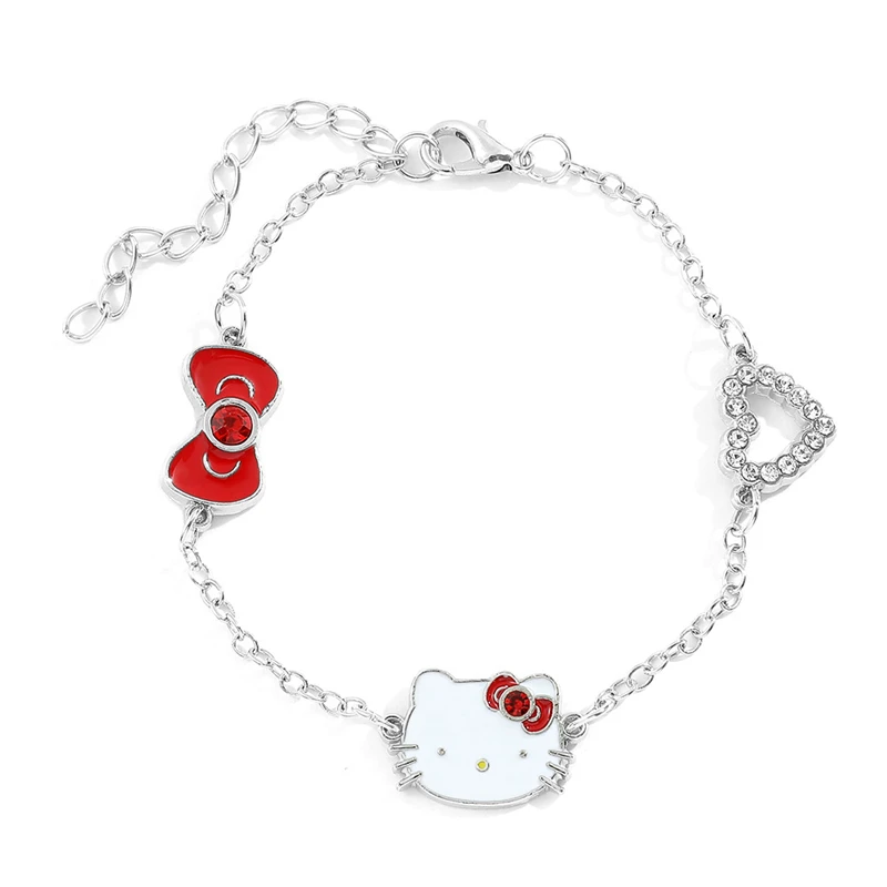 Sanrio Hello Kitty Bracelet Cute Anime Cartoon Girls Fashion Necklace Ring Bow Shine Jewelry Three-piece Holiday Gifts