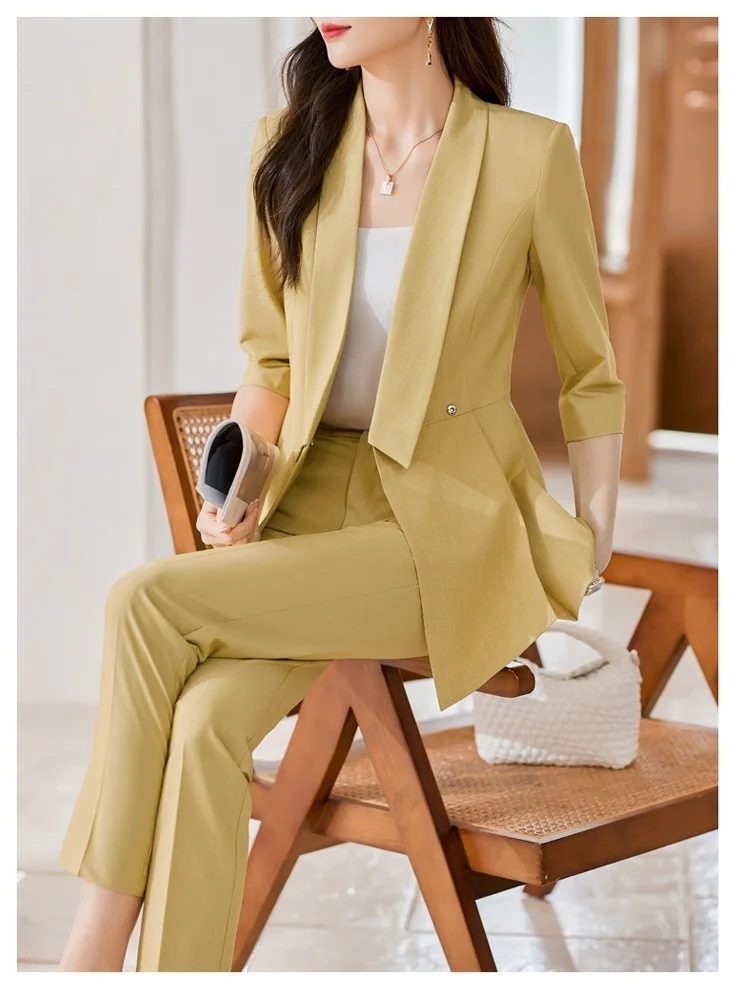 Half Sleeve Elegant Women Business Suits Spring Summer Formal Uniform Designs Pantsuits Professional Blazers Trousers Set S-4XL