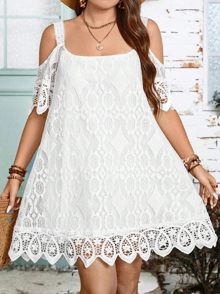 

Women's Summer White Lace Dress Off Shoulder Short Sleeve Square Neck Elegant Vacation Beach Casual Loose A-Line Mini Dresses