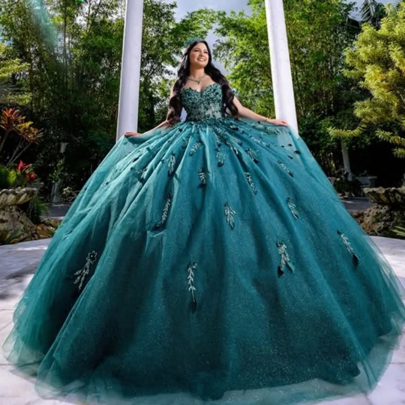 

Shiny Dark Green Quinceanera Dresses Off the Shoulder Sequins 3D Flower Decal Long tail Vestido De 15 Quinceanera Customize