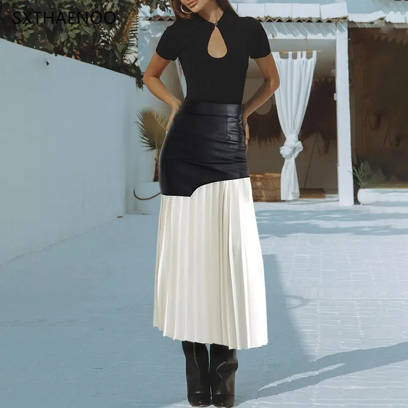 

SXTHAENOO Casual Patchwork Pu Skirt For Women High Waist Midi Folds Pleated Skirts Female 2025 Autumn Fashion Clothing Style
