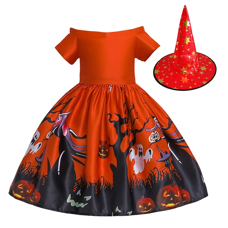 2023 Halloween Pattern Girls Dress Children Carnival Party Costume New Fashion Witch Cosplay Princess Dress 3 4 5 6 8 9 10 Years